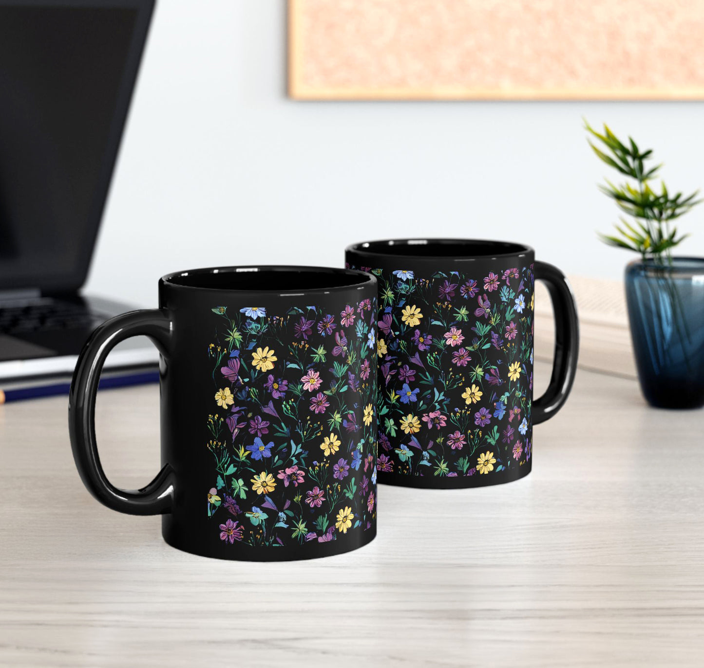 Floral Black Mug - 11oz & 15oz - Perfect for Nature Lovers